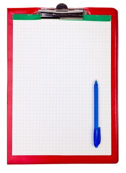 Blank paper sheet on red clipboard with pen on white background