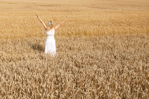 Woman in white dress in cornfield