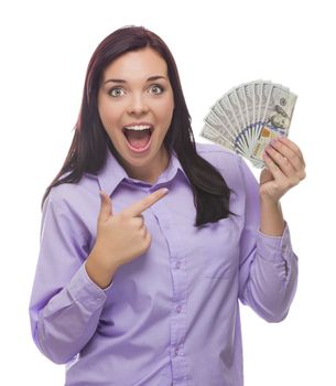 Excited Mixed Race Woman Holding the Newly Designed United States One Hundred Dollar Bills Isolated on a White Background.