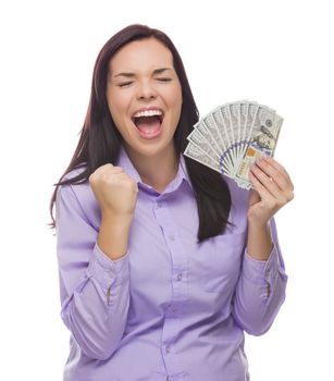 Excited Mixed Race Woman Holding the Newly Designed United States One Hundred Dollar Bills Isolated on a White Background.