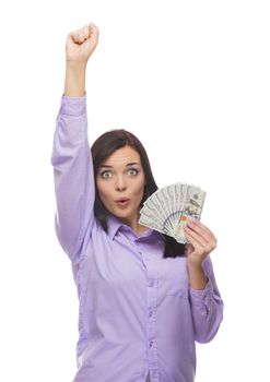 Excited Mixed Race Woman Holding the Newly Designed United States One Hundred Dollar Bills Isolated on a White Background.