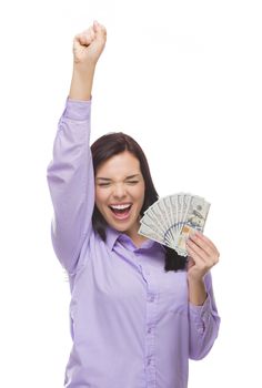 Excited Mixed Race Woman Holding the Newly Designed United States One Hundred Dollar Bills Isolated on a White Background.