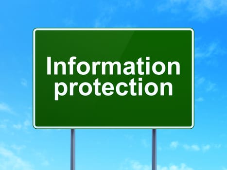 Security concept: Information Protection on green road (highway) sign, clear blue sky background, 3d render