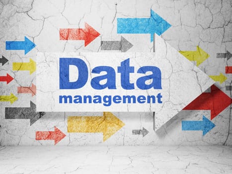 Data concept:  arrow whis Data Management on grunge textured concrete wall background, 3d render