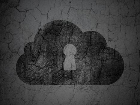 Cloud networking concept: Black Cloud With Keyhole on grunge textured concrete wall background, 3d render