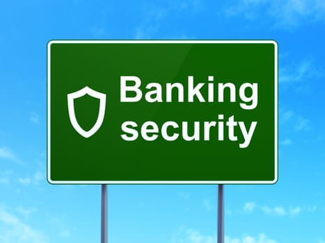 Protection concept: Banking Security and Contoured Shield icon on green road (highway) sign, clear blue sky background, 3d render