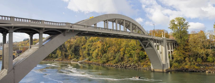 Oregon City Arch Bridge Over Willamette River Connecting West Linn and Oregon City Autumn Scene Panorama