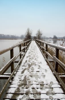 wooden walkway in winter