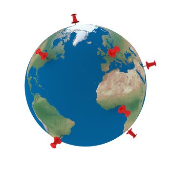 Red pins on planet Earth isolated on white background. Elements of this image furnished by NASA.