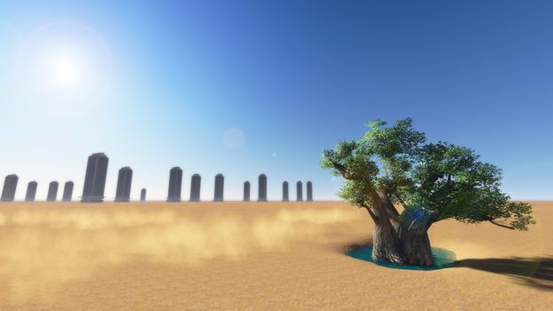 Global warming.Trees in the desert and building