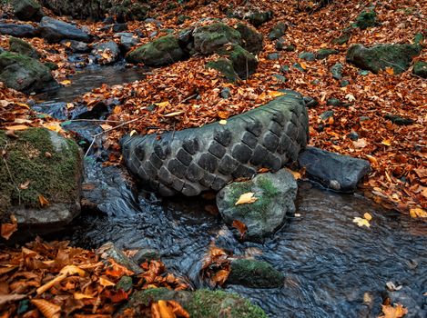 Environmental pollution. Old tire lies in a forest creek