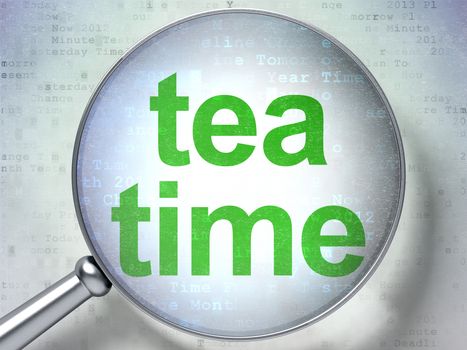 Timeline concept: magnifying optical glass with words Tea Time on digital background, 3d render