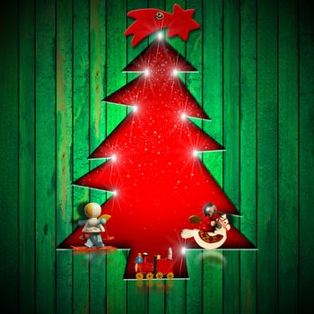 Green wooden wall with a hole in the shape of stylized christmas tree decorated with Christmas objects
