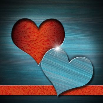 Blue wooden wall with a hole in the shape of heart and orange ornate floral seamless

