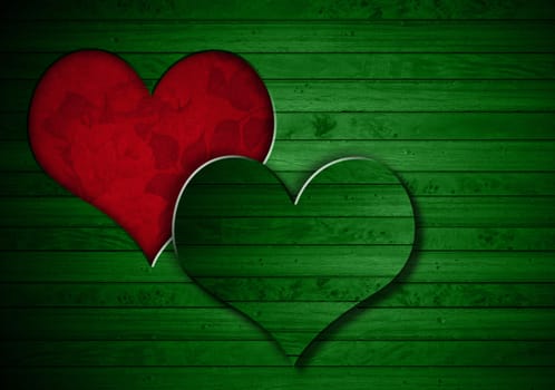 Green wooden wall with a hole in the shape of heart and red velvet background with roses flowers