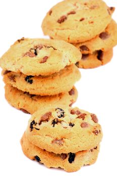 Arrangement of Christmas Cookies with Nuts and Raisins isolated on white background