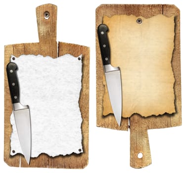 Two notebooks for recipes or menu on used wooden cutting boards and kitchen knife
