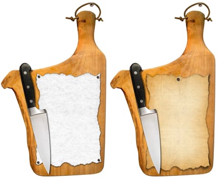 Two notebooks for recipes or menu on used wooden cutting boards and kitchen knife