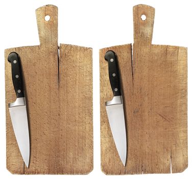 Used chopping or cutting board isolated on withe and kitchen knife
