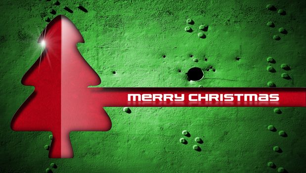 Red and stylized Christmas tree with glitter on green grunge metal background