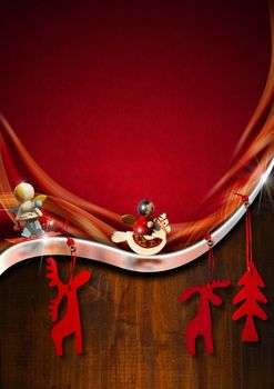 Background with red velvet, metal strip and brown wood with Christmas objects