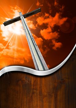 Wooden high cross with red and orange sky, clouds and rays and wood background