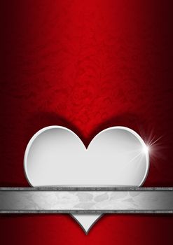 Stylized white heart on red texture with ornate floral seamless and floral plaque with silver frame

