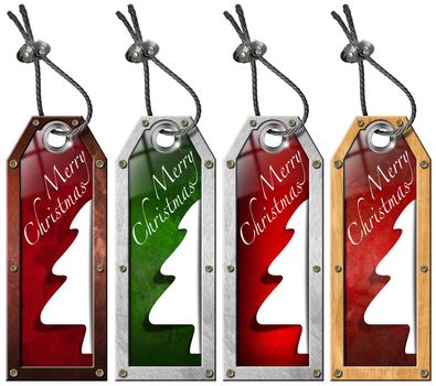 Four grunge metallic and wooden tags with white stylized Christmas tree