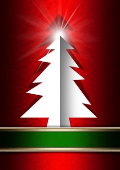 White and stylized Christmas tree on red ornate floral seamless and green plaque