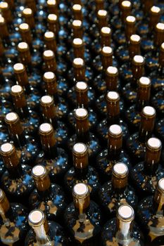 Wine bottles in a row as a pattern with cork in Mediterranean winery