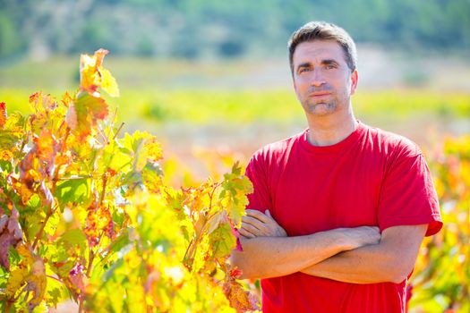 Harvester winemaker farmer proud of his vineyard in autumn golden red leaves at Mediterranean