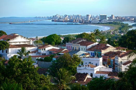 street aerial view of olinda with  recife in the background Pernambuco state brazil