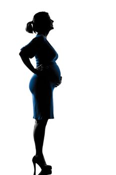 beautiful caucasian happy pregnant woman in full length silhouette on studio isolated white background
