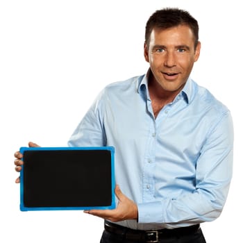 one caucasian business man holding a blackboard copy space message in studio isolated on white background