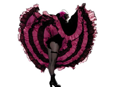 woman dancer dancing french cancan in studio isolated on white background