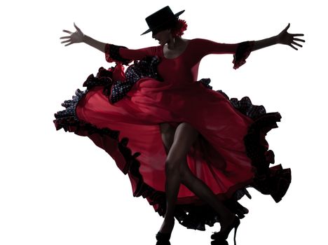 one woman gypsy flamenco dancing dancer on studio isolated white background