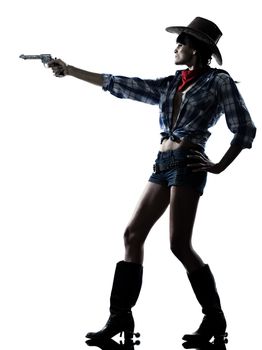 one woman cowgirl  shooting gun revolver studio isolated on white background