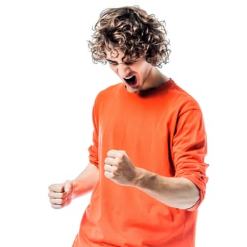 one young man caucasian strong screaming happy  portrait  in studio white background