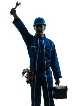 one caucasian repairman worker saluting silhouette in studio on white background