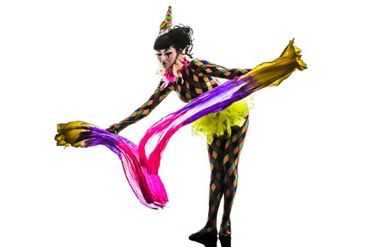 one caucasian woman harlequin circus dancer performer  in silhouette studio isolated on white background