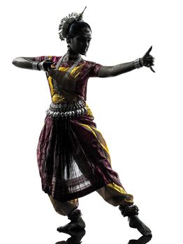 one indian woman dancer dancing in silhouette studio isolated on white background