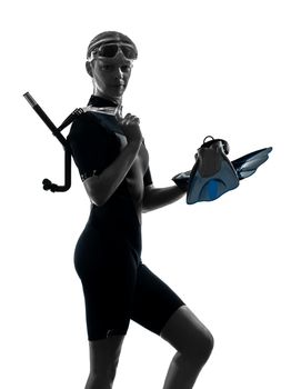 one caucasian woman snorkeler swimmer in silhouette studio isolated on white background