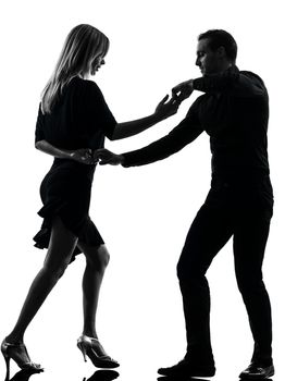 one caucasian couple woman man dancing dancers salsa rock  in silhouette studio isolated on white background