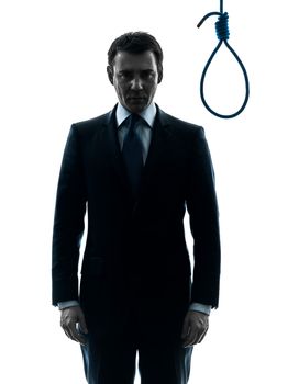 one caucasian judge  man standing in front of hangman's noose in silhouette studio isolated on white background