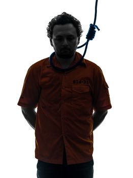 one caucasian criminal man with hangman noose around the neck in silhouette studio isolated on white background