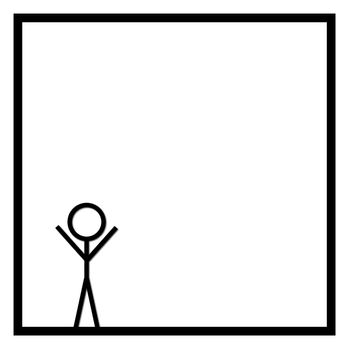 Black stickman on white background in a black square box