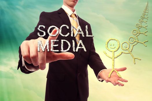 Social media concept with business man over turquoise yellow colored sky background