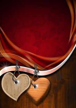 Red texture with ornate floral seamless with two wooden hearts hanging on wooden background