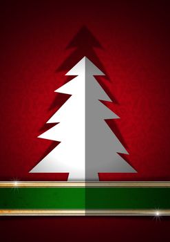 White and stylized Christmas tree on red ornate floral seamless and green plaque

