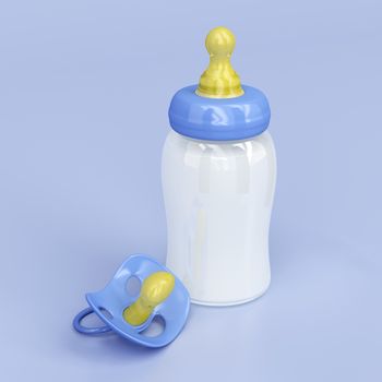 Baby milk bottle and pacifier on blue background